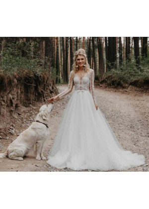 Sheer Long Sleeve Ivory Lace Tulle Boho Wedding Dress